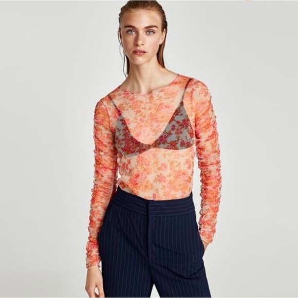 Zara Sheer Mesh Red Orange Pink Floral Long Sleeve Top Medium - Picture 1 of 9